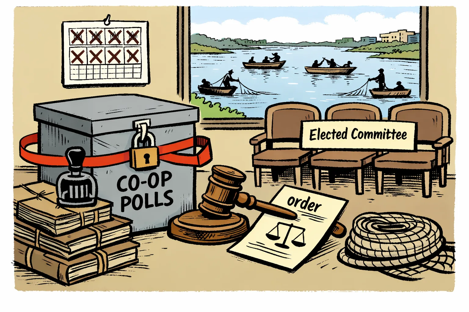 A Telangana government office desk is piled with dusty election files and a locked ballot box, while a judge’s gavel points toward a fishing net marked for an election process; through the window, fishermen wait beside boats on a local lake.