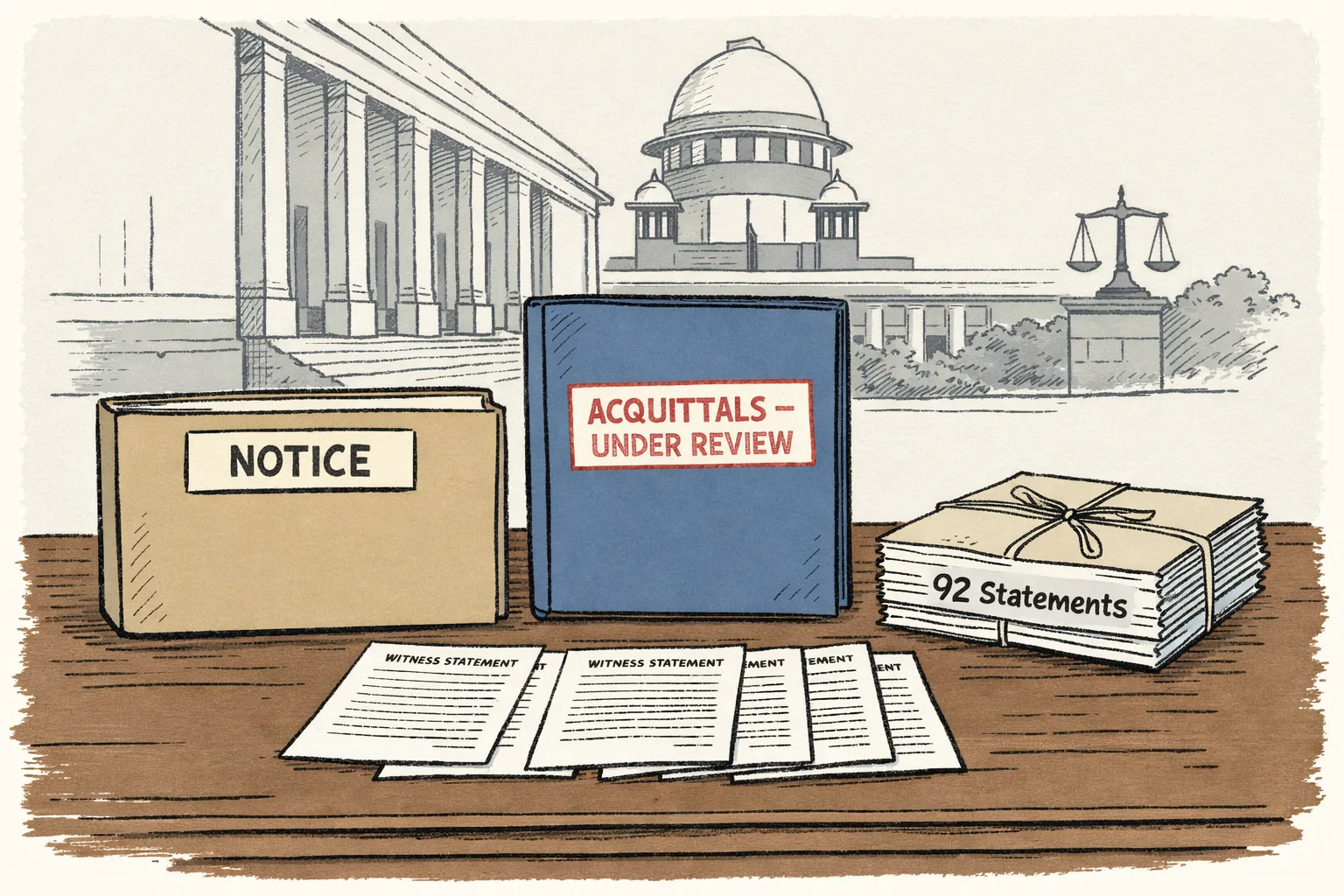 A closed legal file marked “NOTICE” and a separate file marked “ACQUITTALS — UNDER REVIEW” sit on a court desk before the Supreme Court of India, beside a bundle labelled “92 statements”.