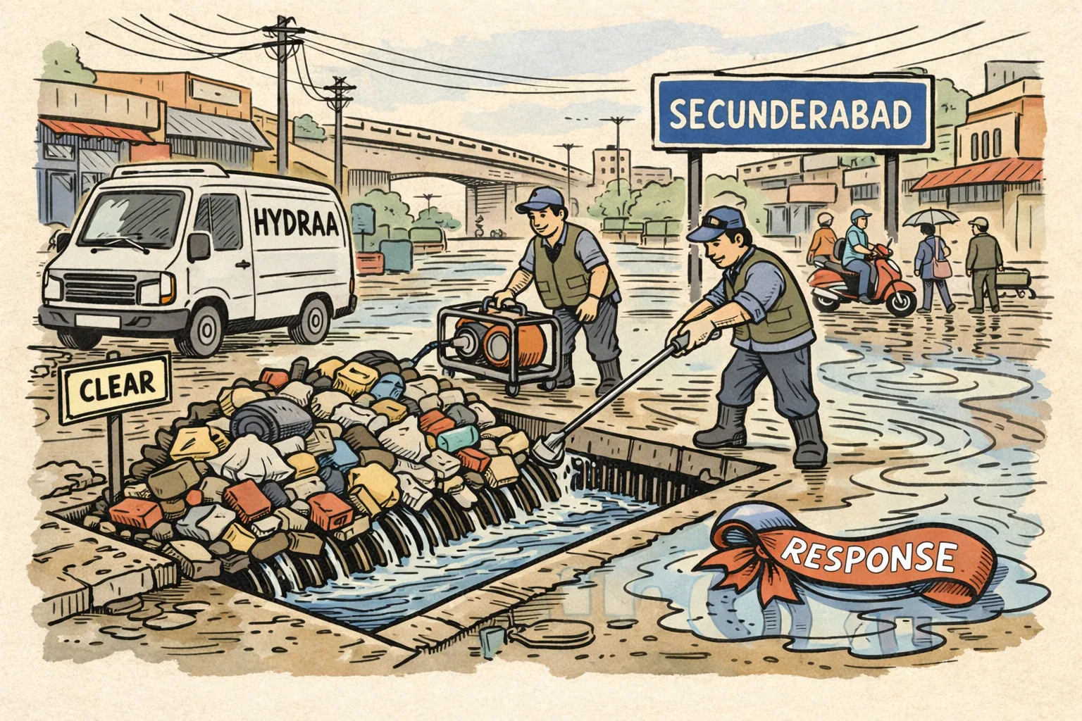 A HYDRAA response vehicle and workers pump water and remove a huge garbage blockage from a storm drain on a flooded Secunderabad street, while a soaked oversized ribbon marked “RESPONSE” lies in a puddle.