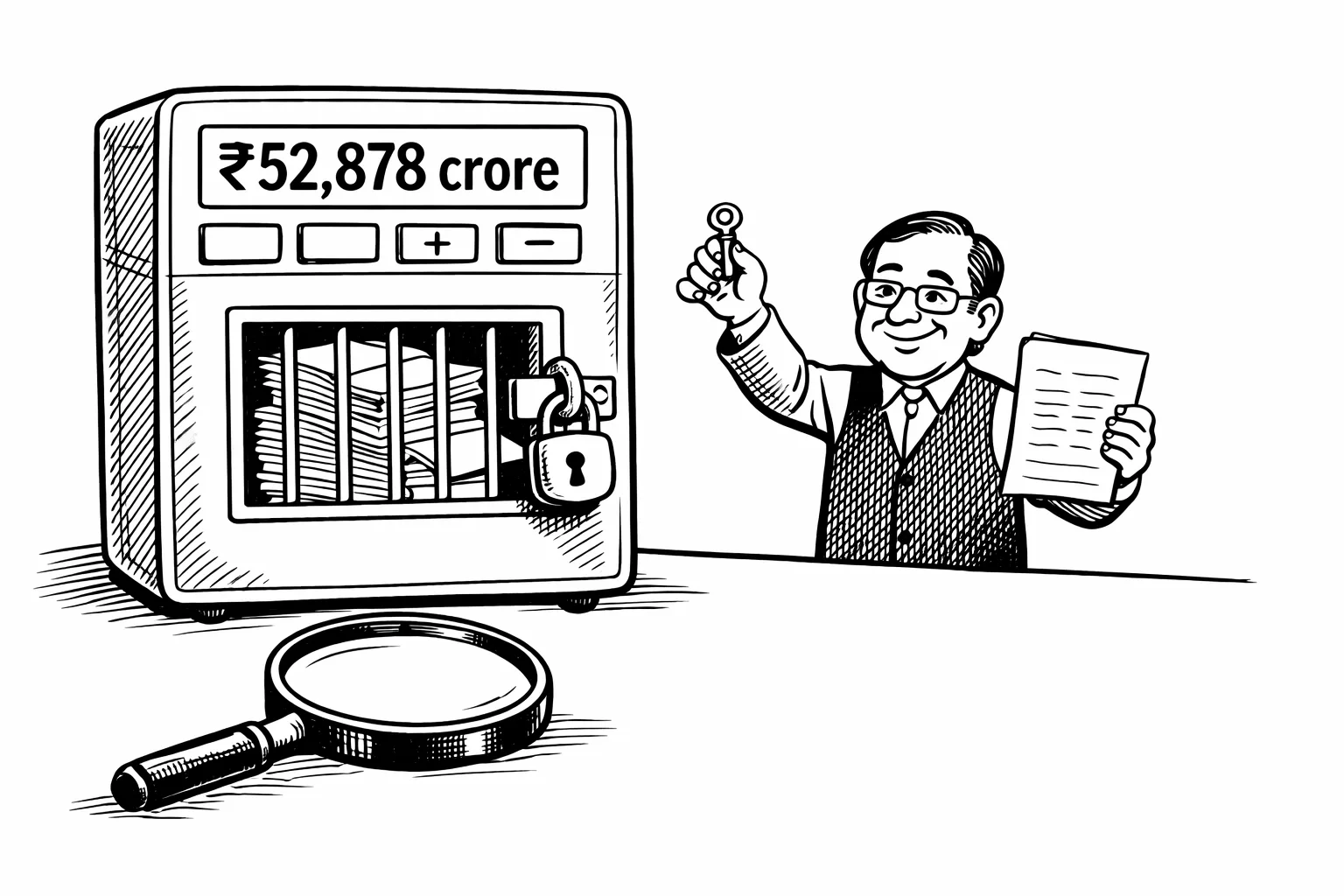 A Union finance official presents a neat answer sheet beside a giant locked calculator-shaped box marked “₹52,878 crore”; blank valuation files are visible behind the box’s barred window, while a magnifying glass rests uselessly on the desk.