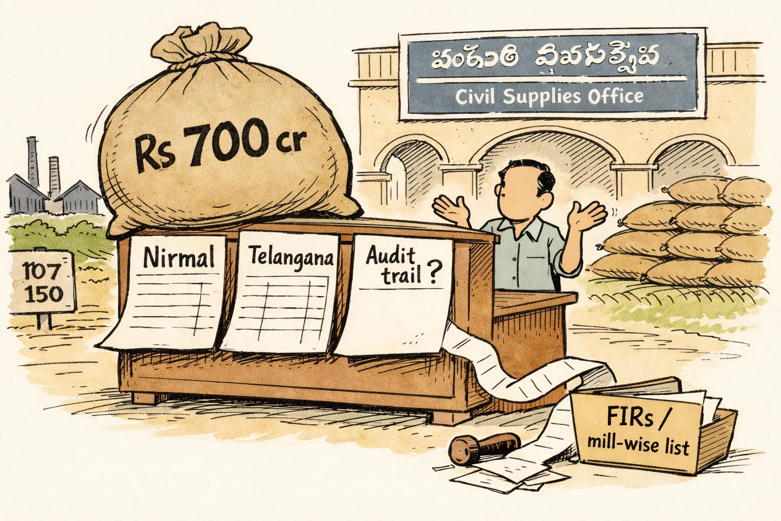 A giant sack labelled Rs 700 cr sits on a records counter outside a Nirmal government office, beside mismatched Nirmal and Telangana ledgers and a blank audit-trail file.