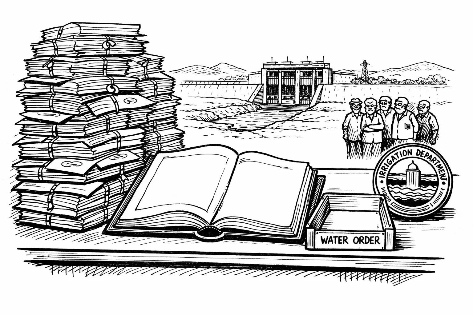 A giant stack of detailed legal papers sits on an irrigation department desk beside an empty tray marked “WATER ORDER”; farmers wait near a dry canal gate in the background.