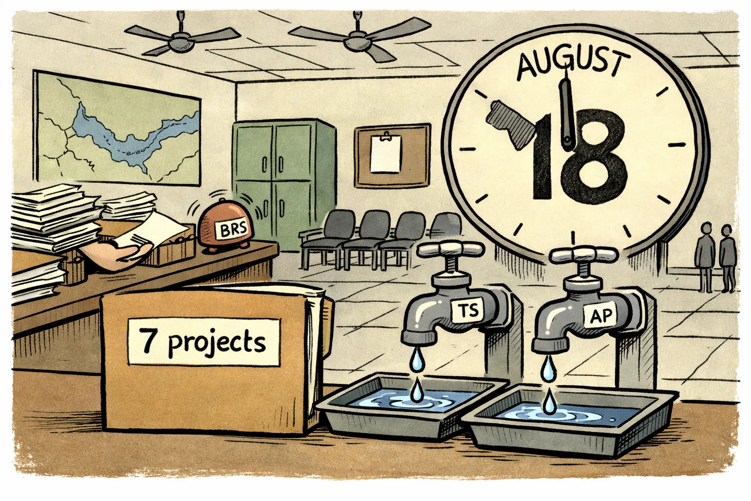 A large meeting clock marked August 18 hangs over a conference table at Jala Soudha, while a folder labelled ‘7 projects’ sits between two water taps marked Telangana and Andhra Pradesh; a sleepy government desk worker reaches for a letter as a small alarm labelled ‘BRS’ rings beside it.