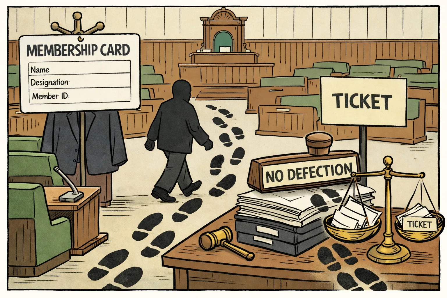 A Telangana Assembly-style chamber contains a pinned membership card, a trail of footprints crossing the aisle toward another ticket, and a Speaker's gavel beside a stamped stack of case files.