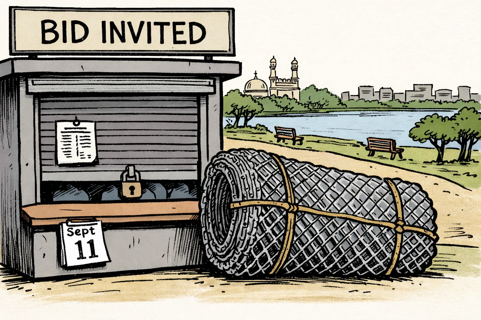 An unused roll of chain-link fencing sits beside a locked procurement counter and a small tender paper, while a Hyderabad-style park and lake landscape in the background remains unfenced.