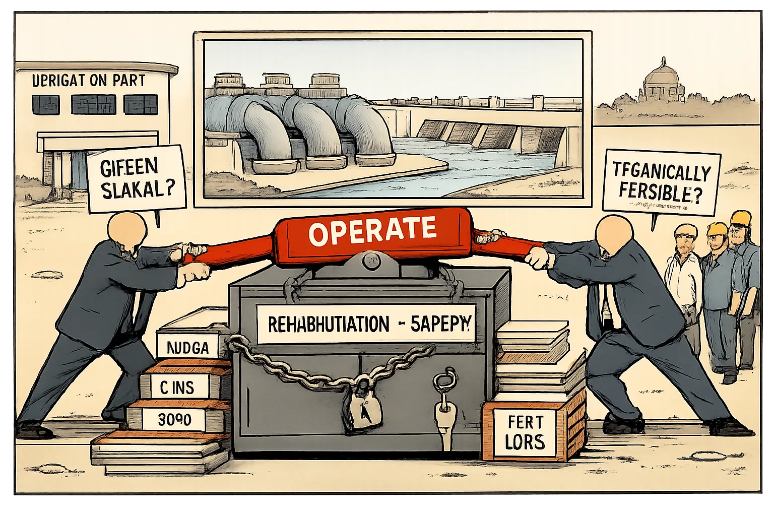 At a Kannepalli pumping station, two indistinct political figures pull opposite sides of an OPERATE lever chained to a locked cabinet labelled rehabilitation and safety, surrounded by NDSA, CWC, SDO and test-log files.
