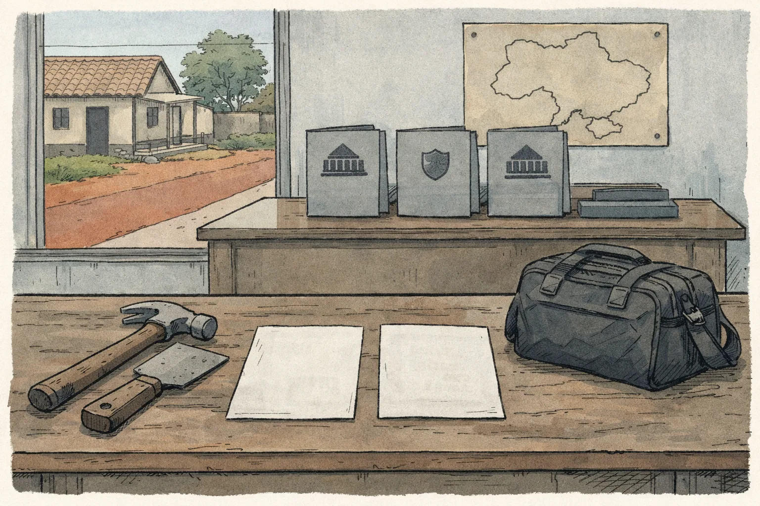 Shuttering-work tools and a small travel bag lie beside two conflicting name slips on a desk, with an empty official records desk and a muted Ukraine map in the background.