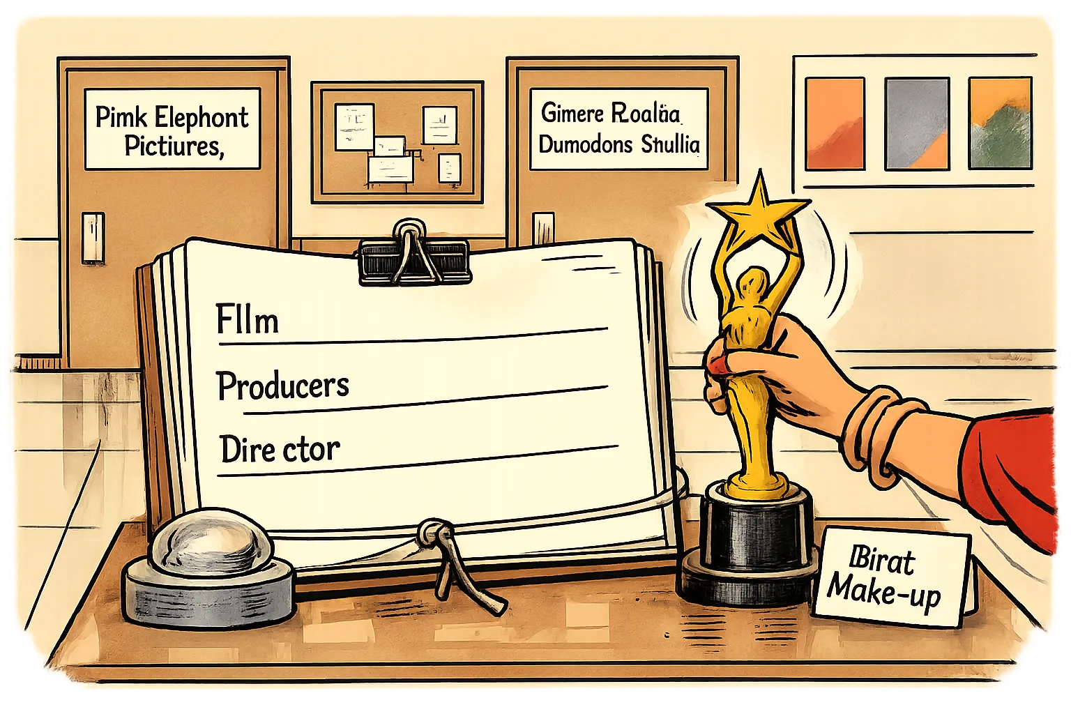 An anonymous hand lifts a film trophy beside an official award register naming the film, producers and director, while labelled production-company files sit in the background.