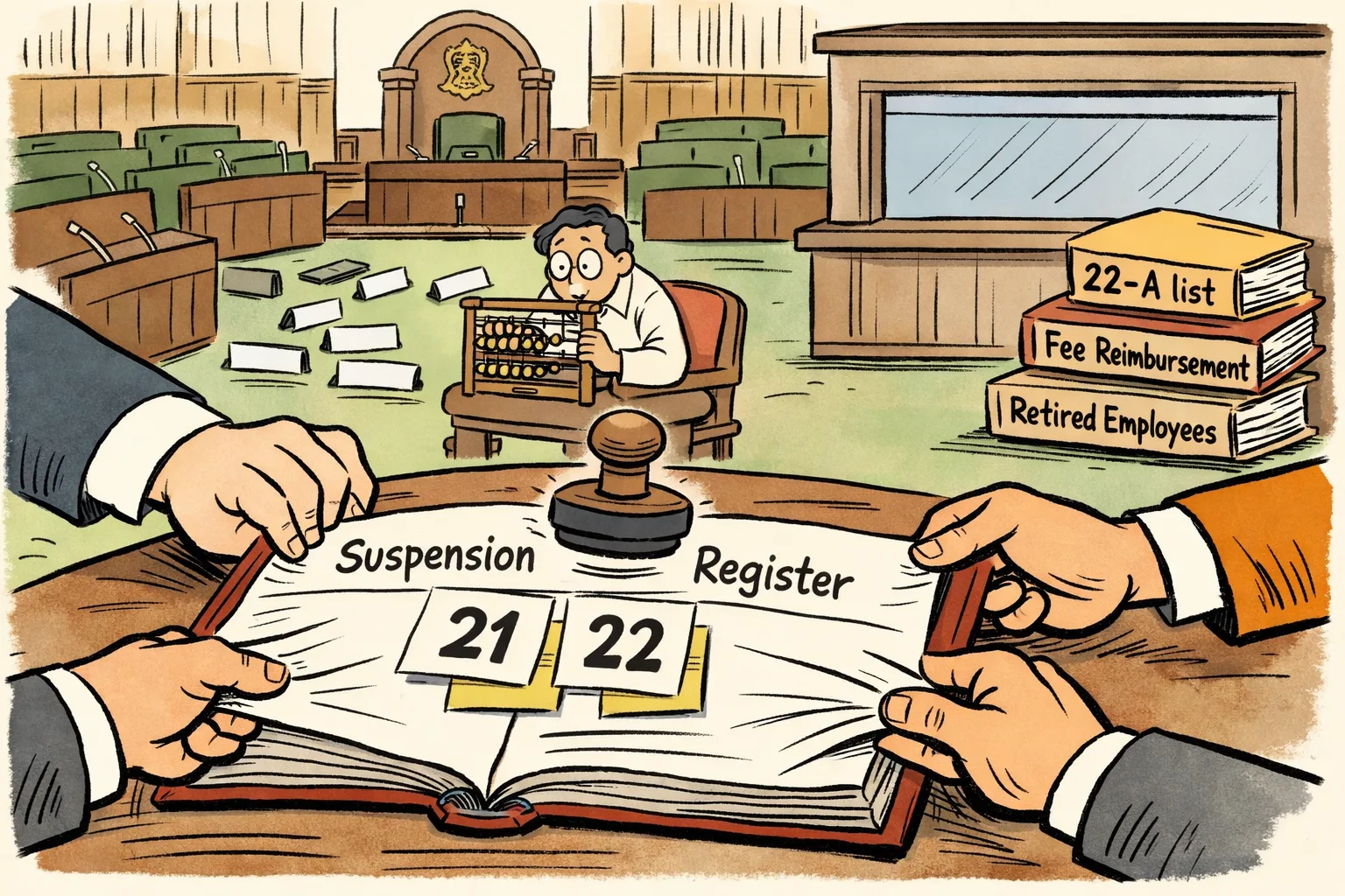 A Telangana Assembly chamber cartoon shows anonymous hands pulling at a suspension register marked with conflicting numbers while files on pending public issues wait at a closed records counter.