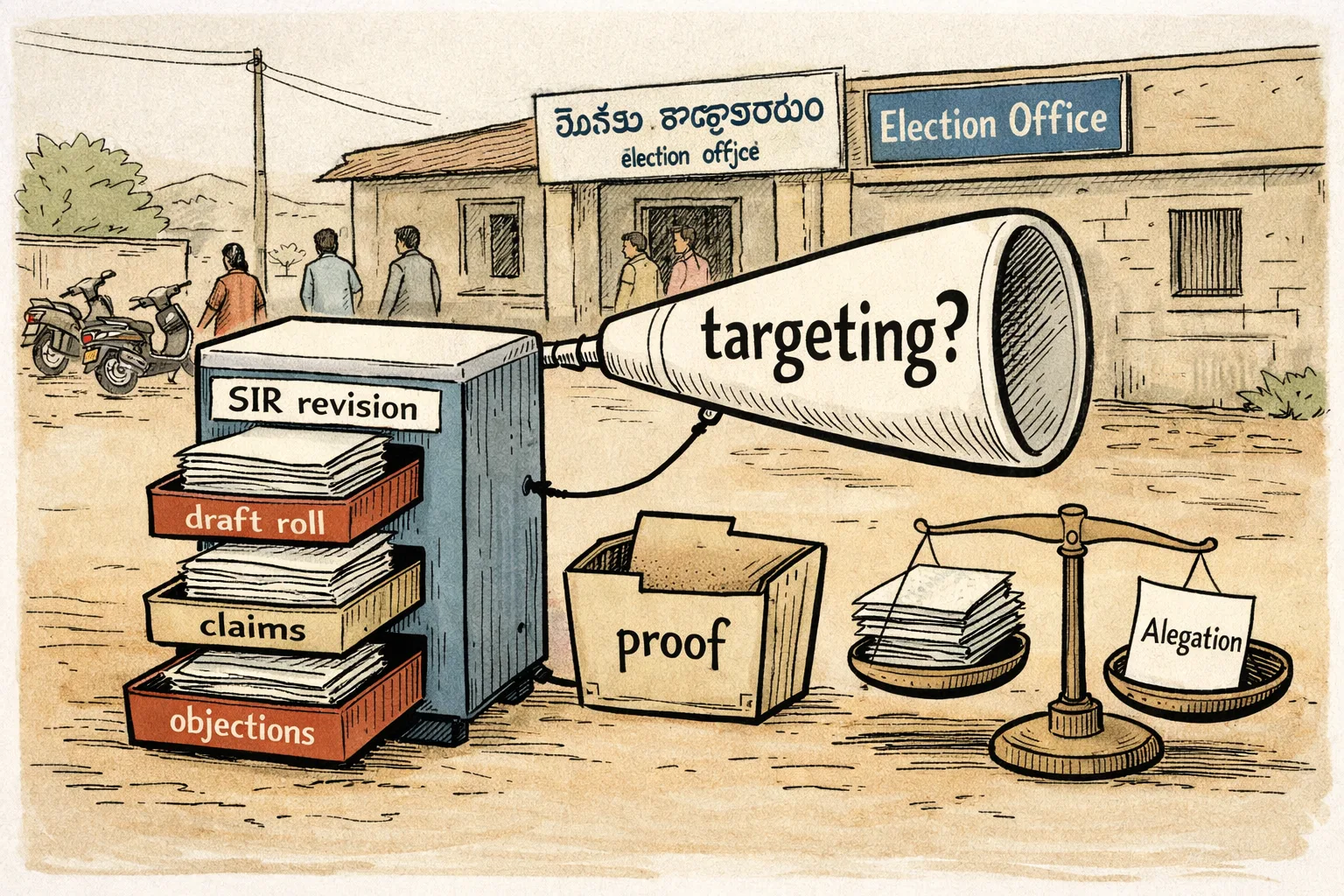 Outside a Telangana election office, a large revision machine sorts official voter-roll files while an empty evidence folder hangs from a megaphone labelled “targeting?” and a balance weighs records against an allegation.