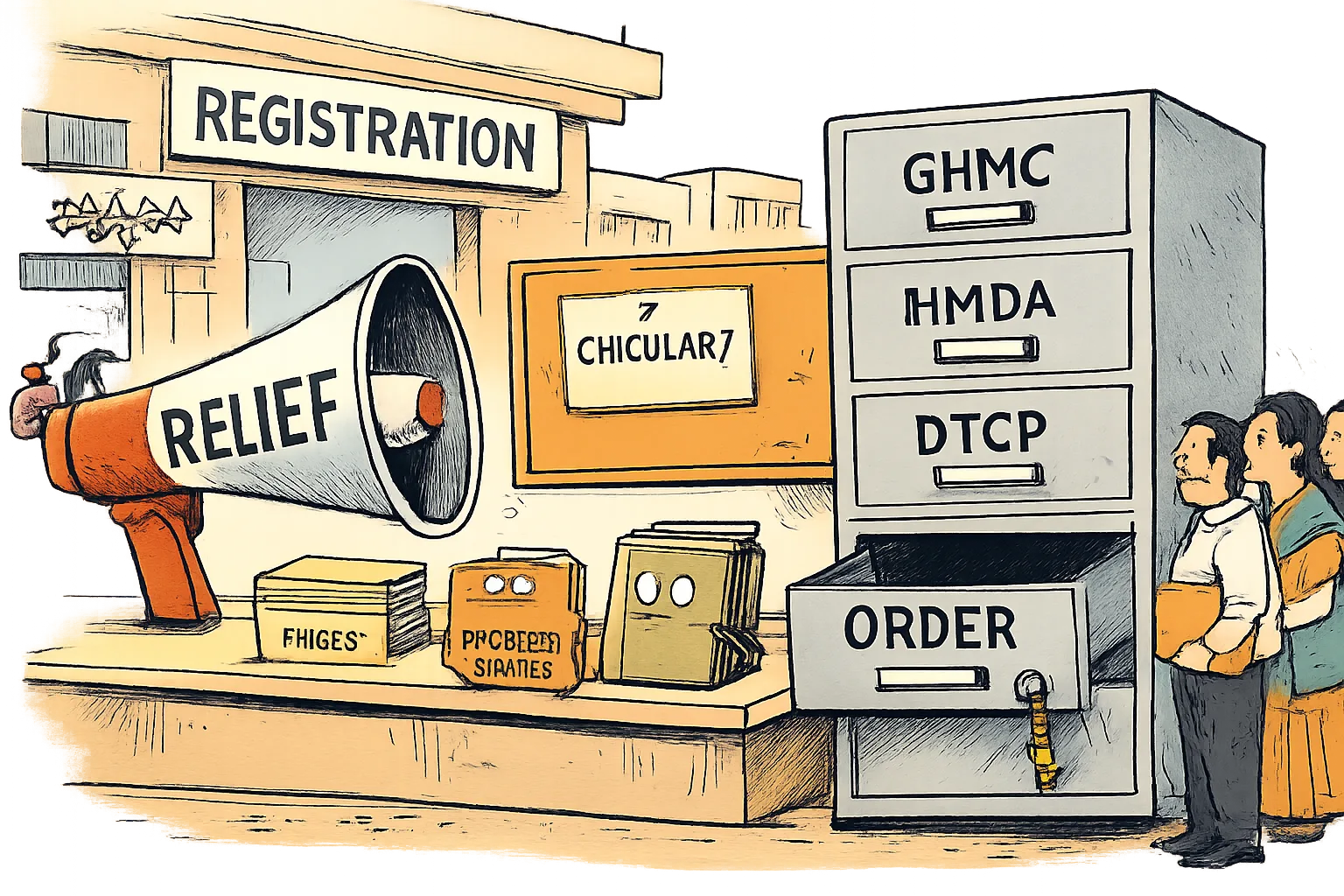 A Telangana registration-office queue faces a large locked filing cabinet with drawers labelled GHMC, HMDA, DTCP and ORDER, while a megaphone marked RELIEF points at empty paperwork.