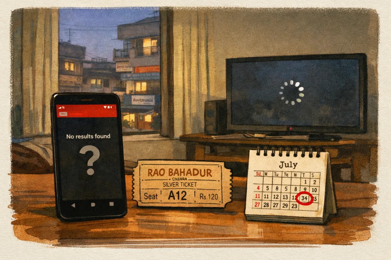 A smartphone showing a Netflix-style streaming screen beside a cinema ticket and a calendar marked July 31, with a small question mark over the phone.