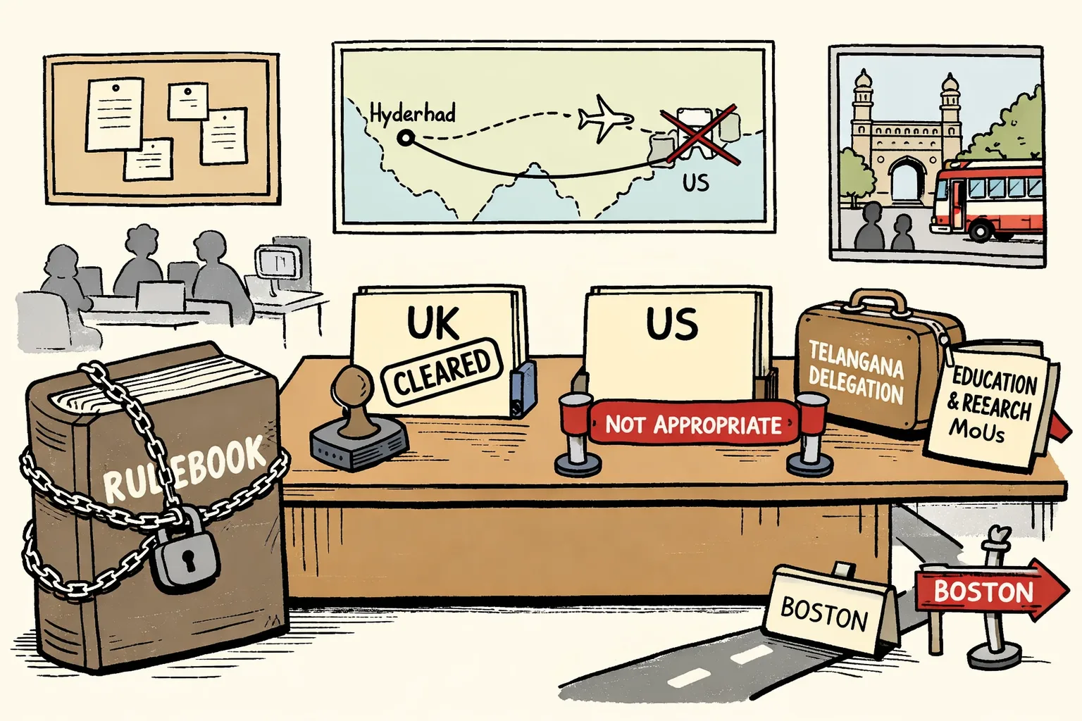Two identical travel folders sit on an office desk: the UK folder is stamped cleared, while the US folder is blocked by red tape beside a chained rulebook.