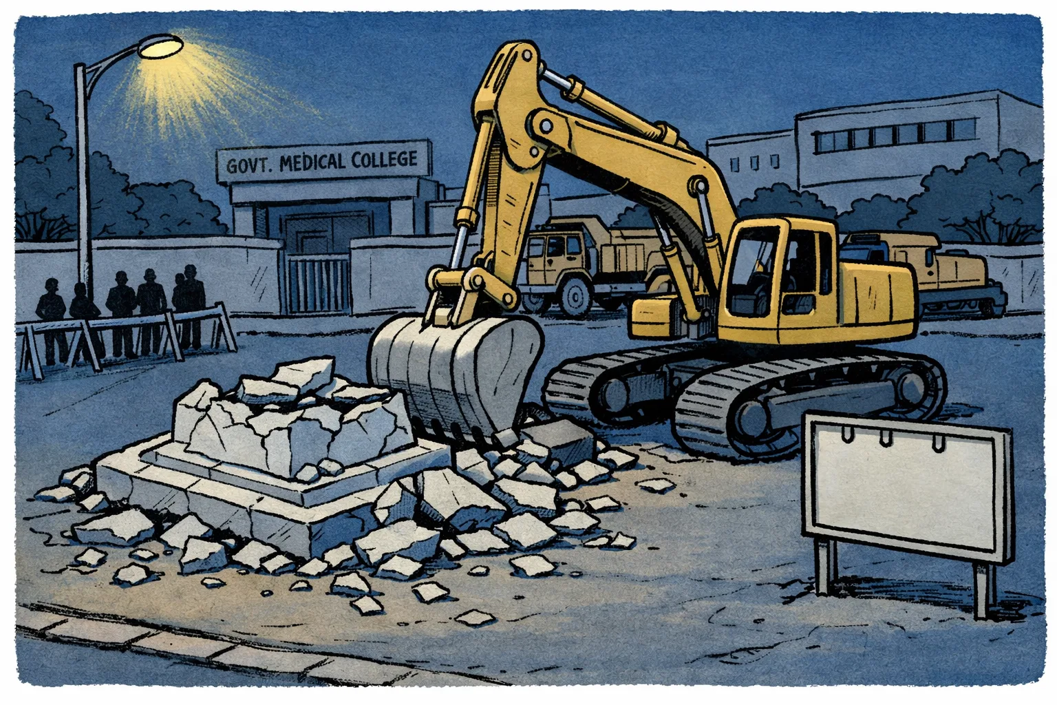 A Telangana municipal bulldozer sits beside a freshly demolished statue pedestal at night, while a tiny file marked with a blank official seal lies under its track and a streetlamp illuminates an empty notice board.