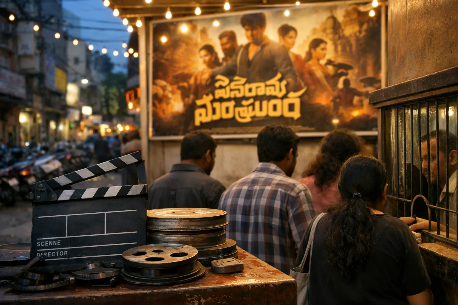 A photorealistic cinema-promotion scene with a large Telugu film poster for Srinivasa Mangapuram, a clapperboard marked July 30, film reels, and a crowded theatre entrance beneath bright premiere lights; no recognisable faces are visible.