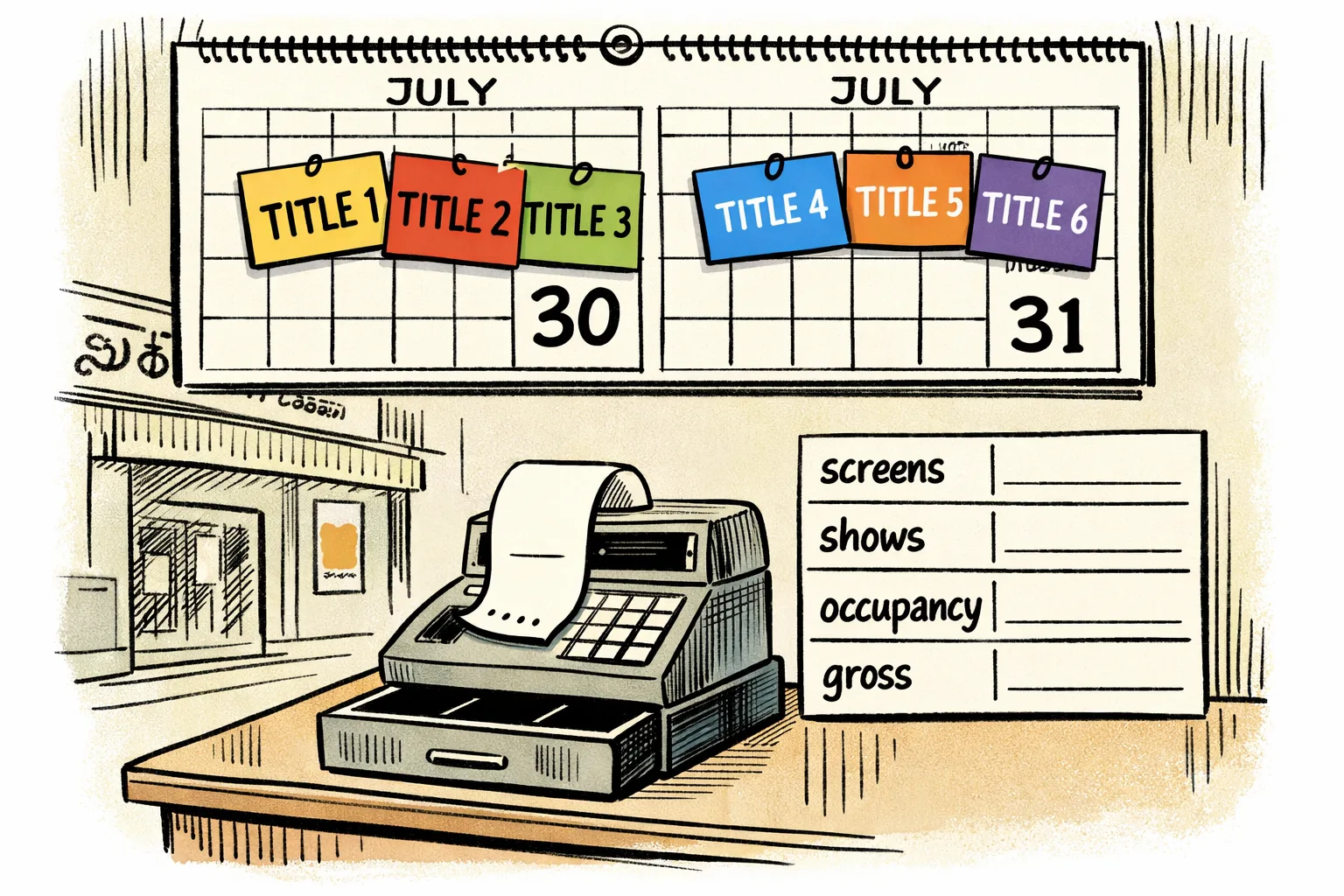 A Telangana cinema calendar displays six film-title cards pinned above an empty cash register, while blank boxes for screens, shows, occupancy and grosses sit on a nearby desk.