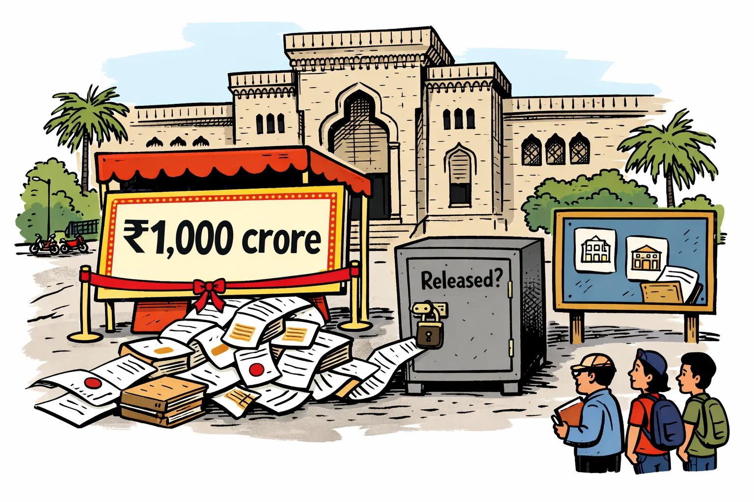 A giant cheque marked ₹1,000 crore stands outside an Osmania University-style building while a paper trail leads to a locked cupboard labelled “Released?”.