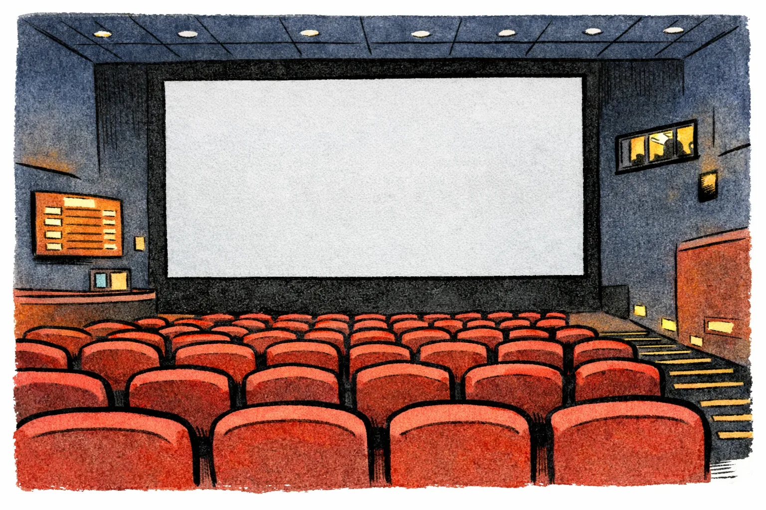 Empty multiplex auditorium with red seats facing a cinema screen in a dimly lit theatre.