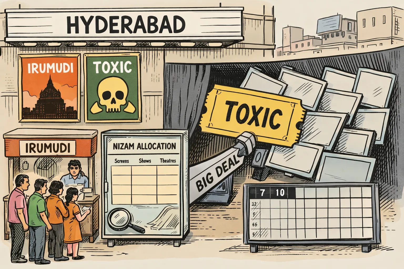 A Hyderabad cinema complex shows two labelled film tickets, with several theatre screens tilted toward the larger one while a locked cabinet holds a blank Nizam allocation sheet and a counting board has missing figures.