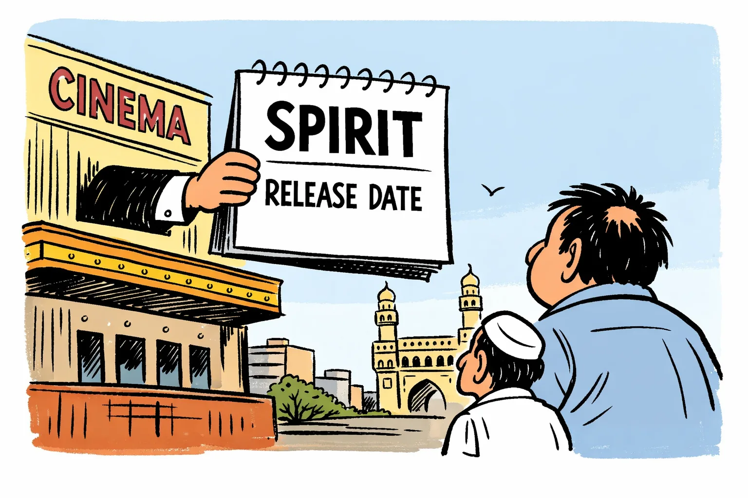 A Hyderabad cinema exterior at dusk displays a Spirit film poster with the date 5 March 2027.