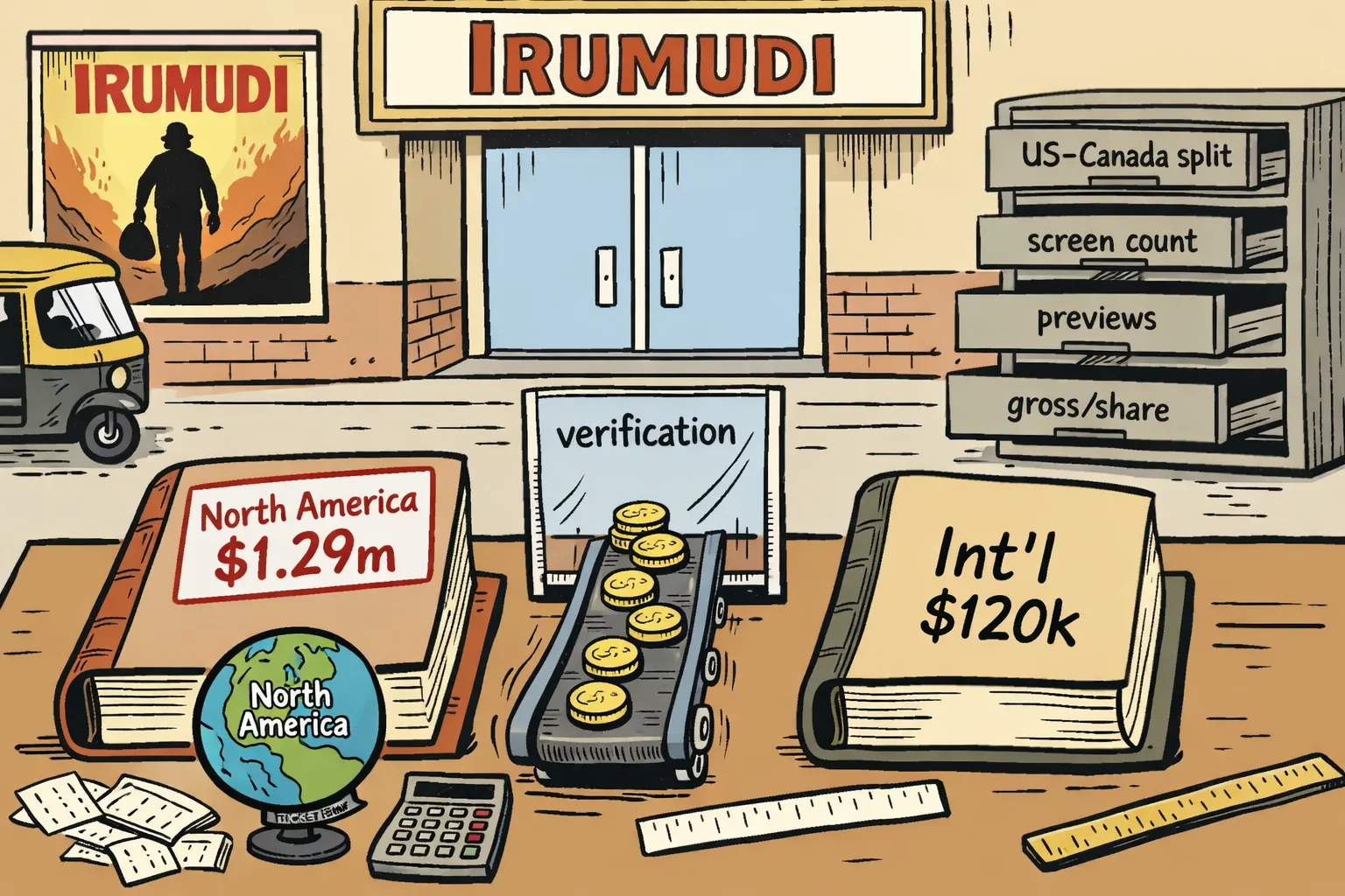 Two oversized box-office ledgers on opposite sides of a desk show different international totals, separated by a gap and a barrier marked verification, amid calculators, ticket stubs and empty filing drawers.