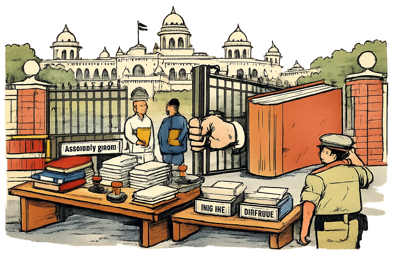 A cartoon of the Telangana Assembly gate turned into a police permissions desk, while a symbolic court hand holds the gate open and directs paperwork into separate inside and outside trays.