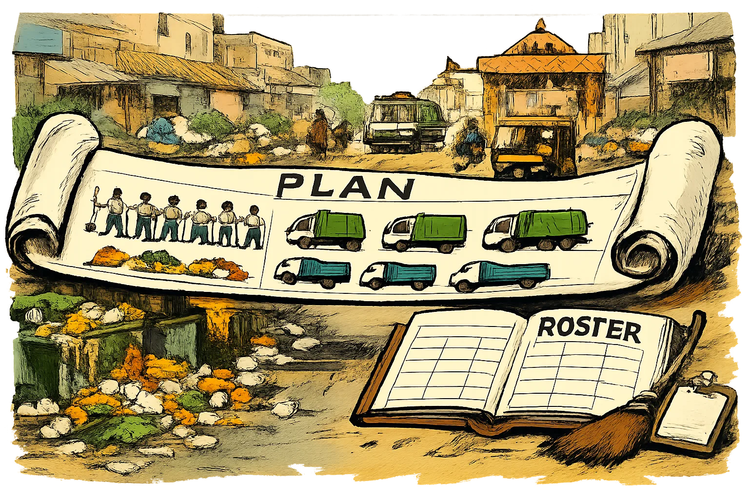 An overflowing Hyderabad street is spanned by a giant municipal cleanup plan, while a blank roster ledger and unused broom sit beside the rubbish.