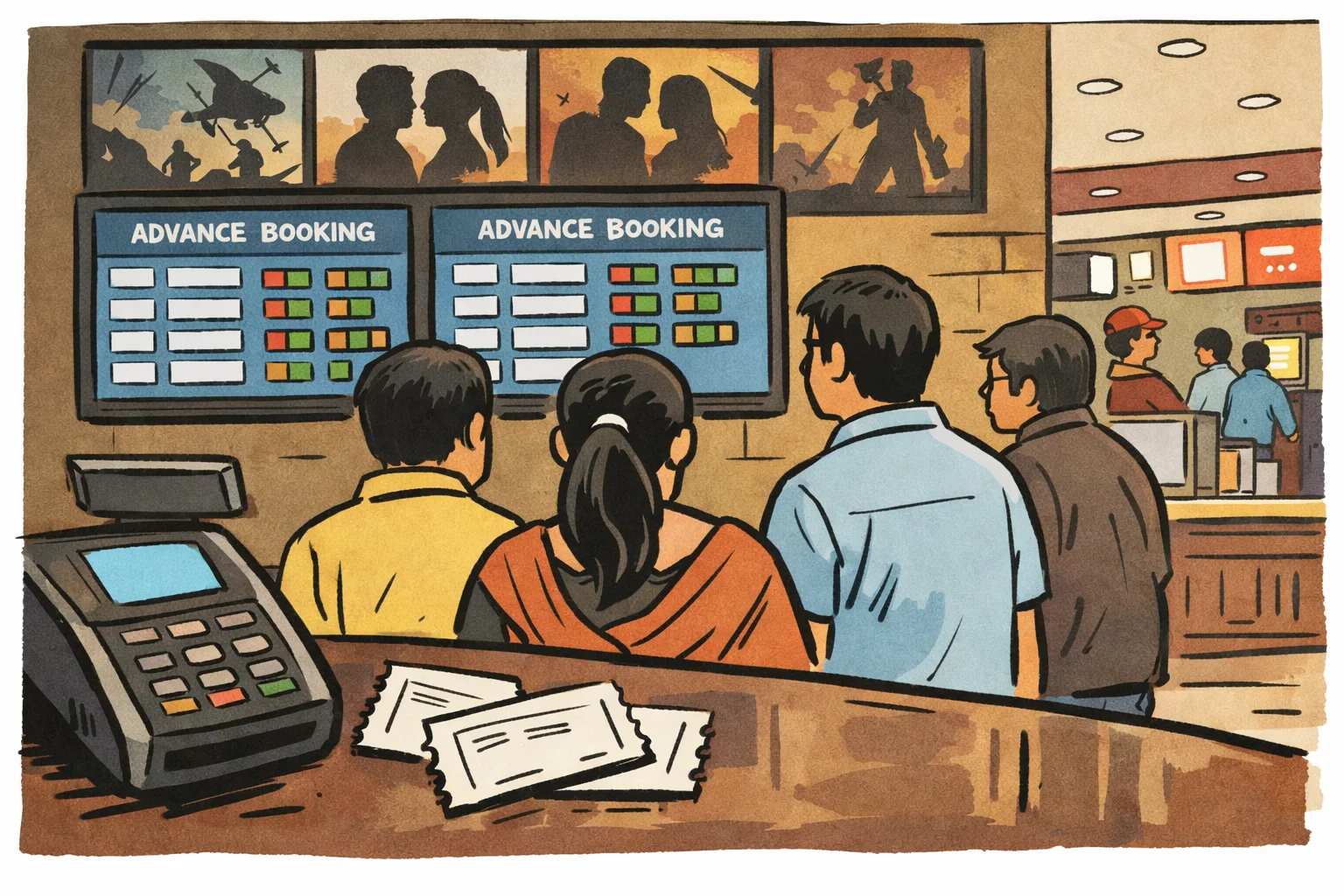 A Hyderabad multiplex ticket counter with advance-booking screens, ticket stubs and customers waiting in the lobby.