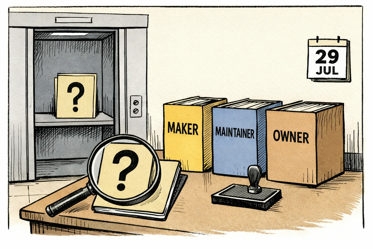 A magnifying glass hovers over an empty Supreme Court case file marked with a question mark, while a lift rises behind it between folders labelled maker, maintainer and building owner.