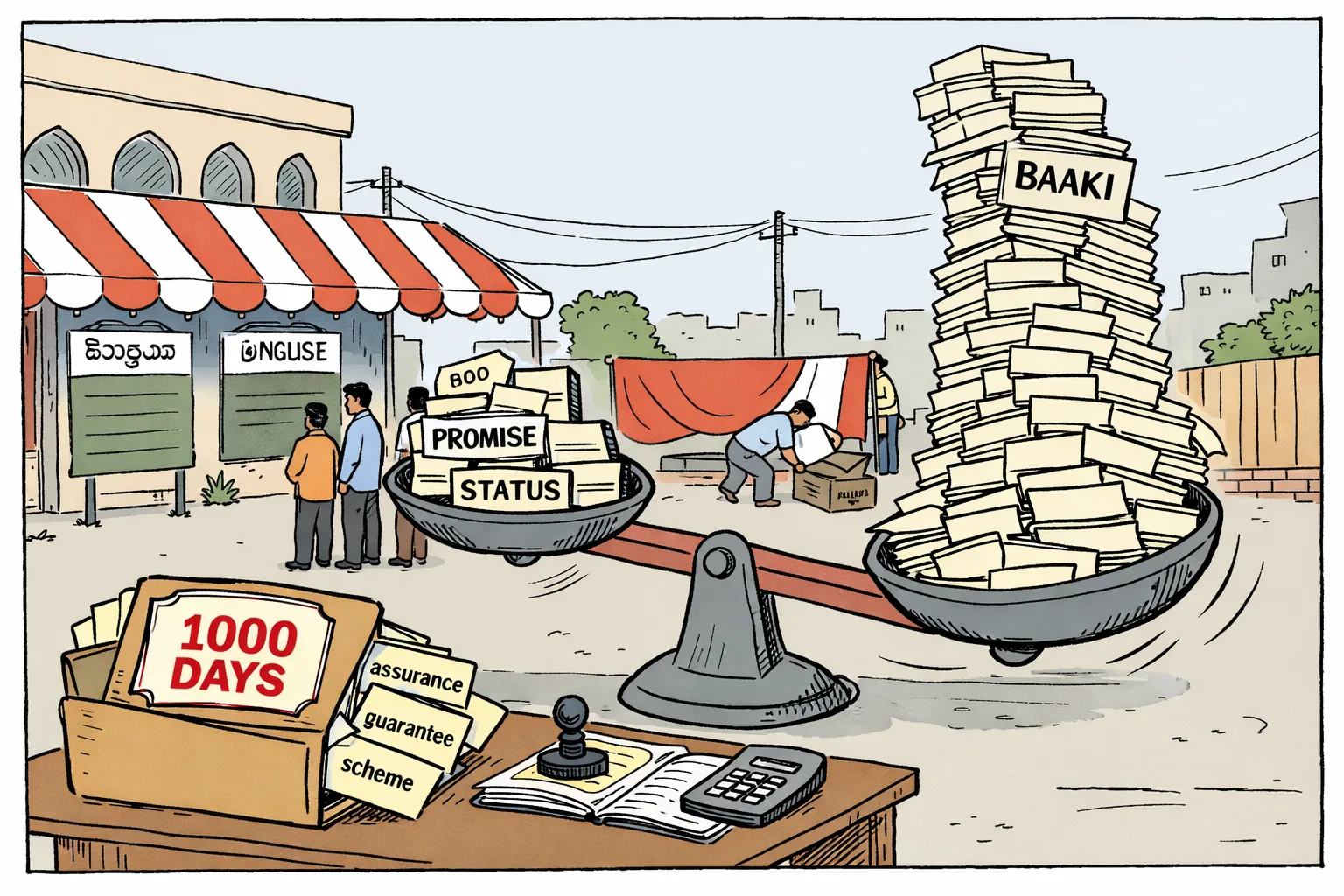 A giant balance scale outside a Telangana party office is weighed down by a tall stack of cards marked “BAAKI” and a file stamped “1000 DAYS”, while smaller promise and status cards sit on the other pan.