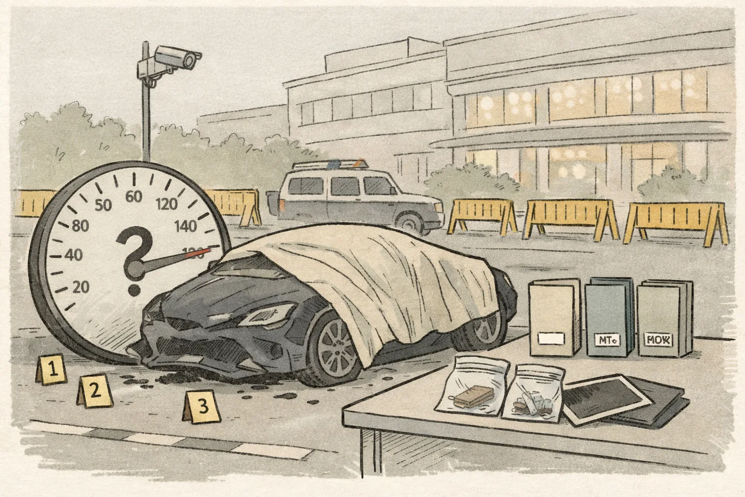 A damaged luxury car and police evidence markers stand near a mall road, beside an uncertain speedometer and folders marked MVI, FSL and report pending.