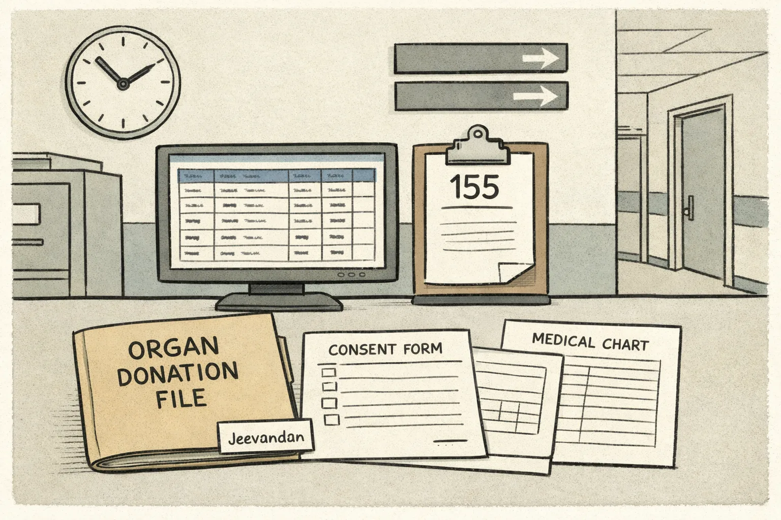 A quiet hospital records desk with a closed organ-donation file, a consent form, an official-looking spreadsheet and a separate paper marked 155 awaiting verification.