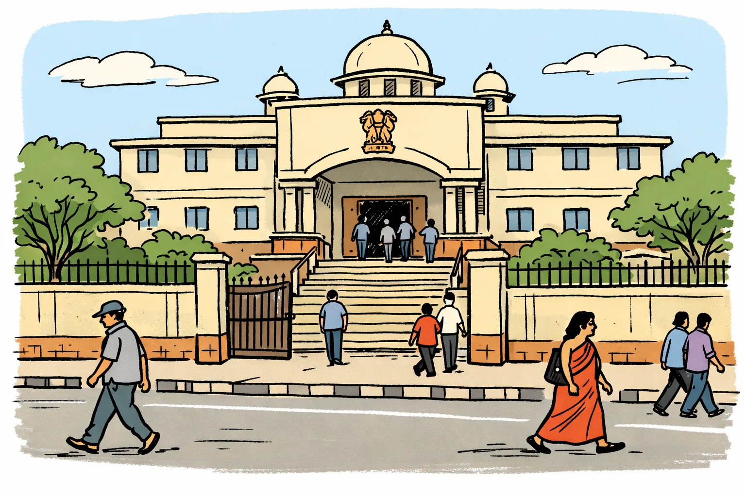 Exterior of a court building in Gajwel, with steps, a boundary wall and a quiet road in front.
