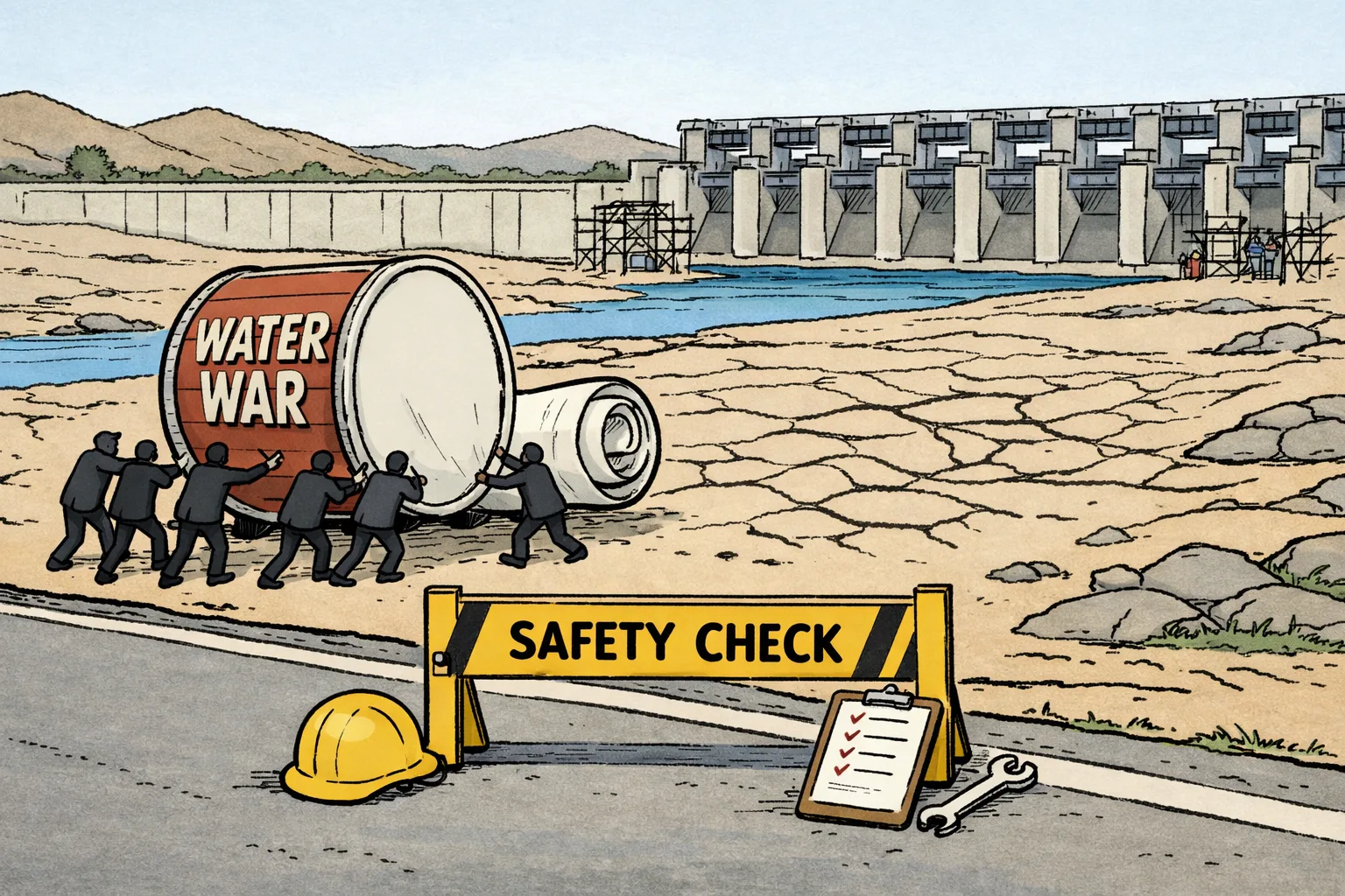A giant political campaign drum and banner are stopped by a safety barricade beside a cracked Kaleshwaram barrage, with repair tools and inspection equipment in front of a dry riverbed.