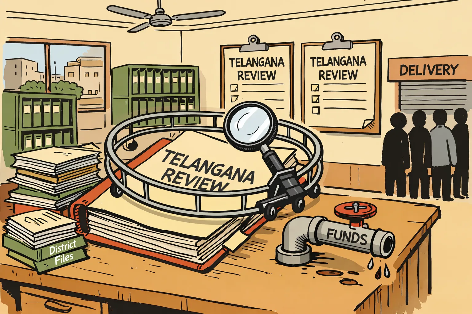 A giant file marked “Telangana review” lies open on a Hyderabad government office table, while smaller files, unanswered forms and a stalled funds pipe surround it; a Delhi-bound inspection trolley circles the desk as ordinary office workers wait beside a closed service counter.