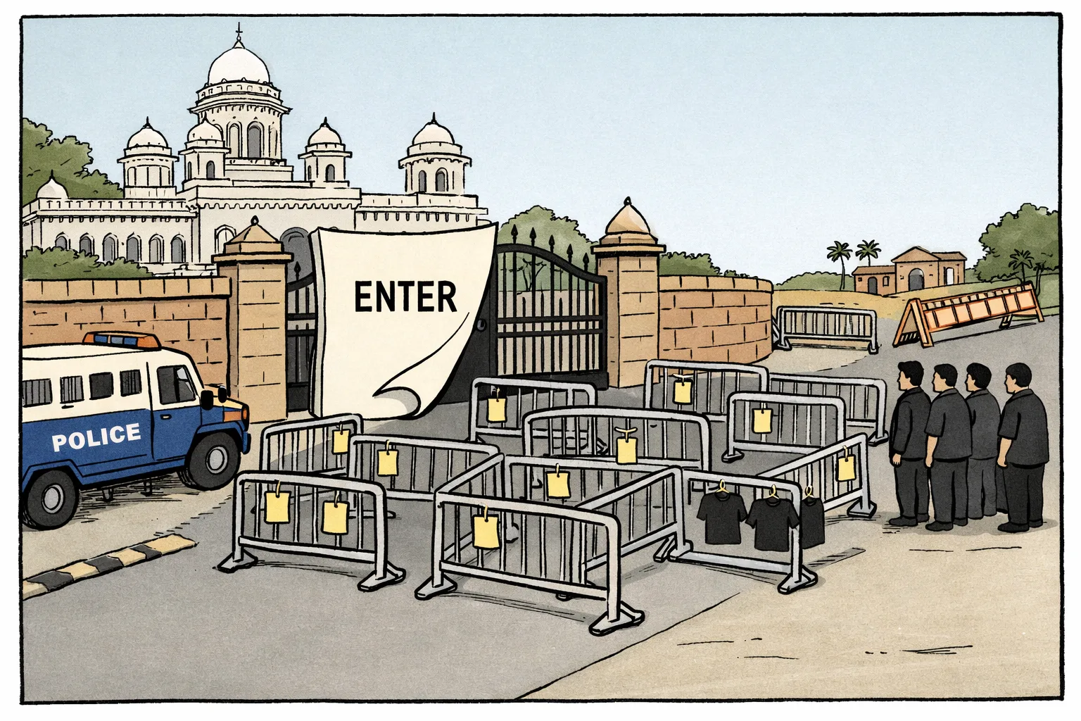 A court paper marked “ENTER” holds open the gate of the Telangana Assembly, but oversized barricades form a maze in front of it while anonymous leaders wait nearby.