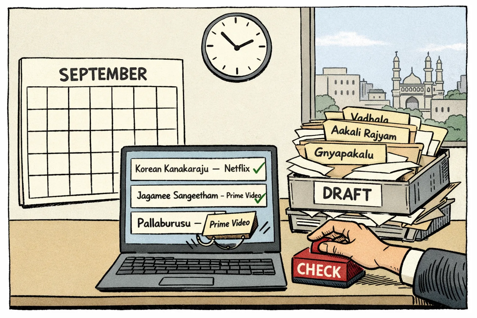 A Hyderabad newsroom desk shows three streaming titles checked off beside a September calendar, while the Pallaburusu date wobbles between two boxes and other title folders overflow from a draft tray.