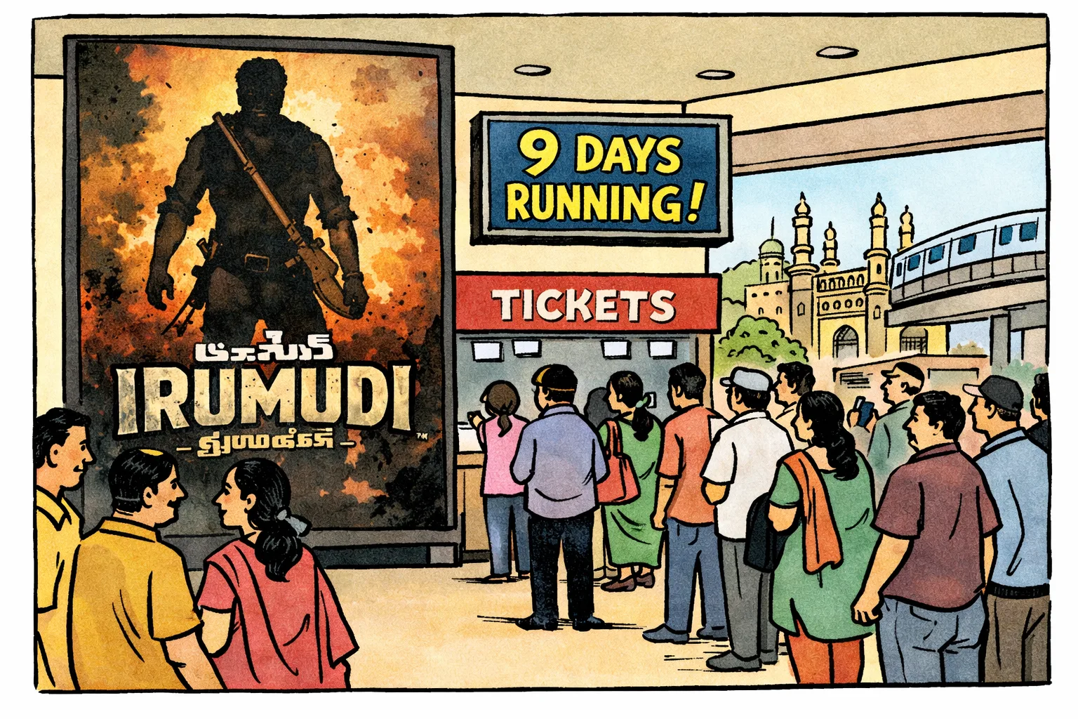 A Hyderabad multiplex foyer with an Irumudi film poster, ticket counters and a crowd of moviegoers.