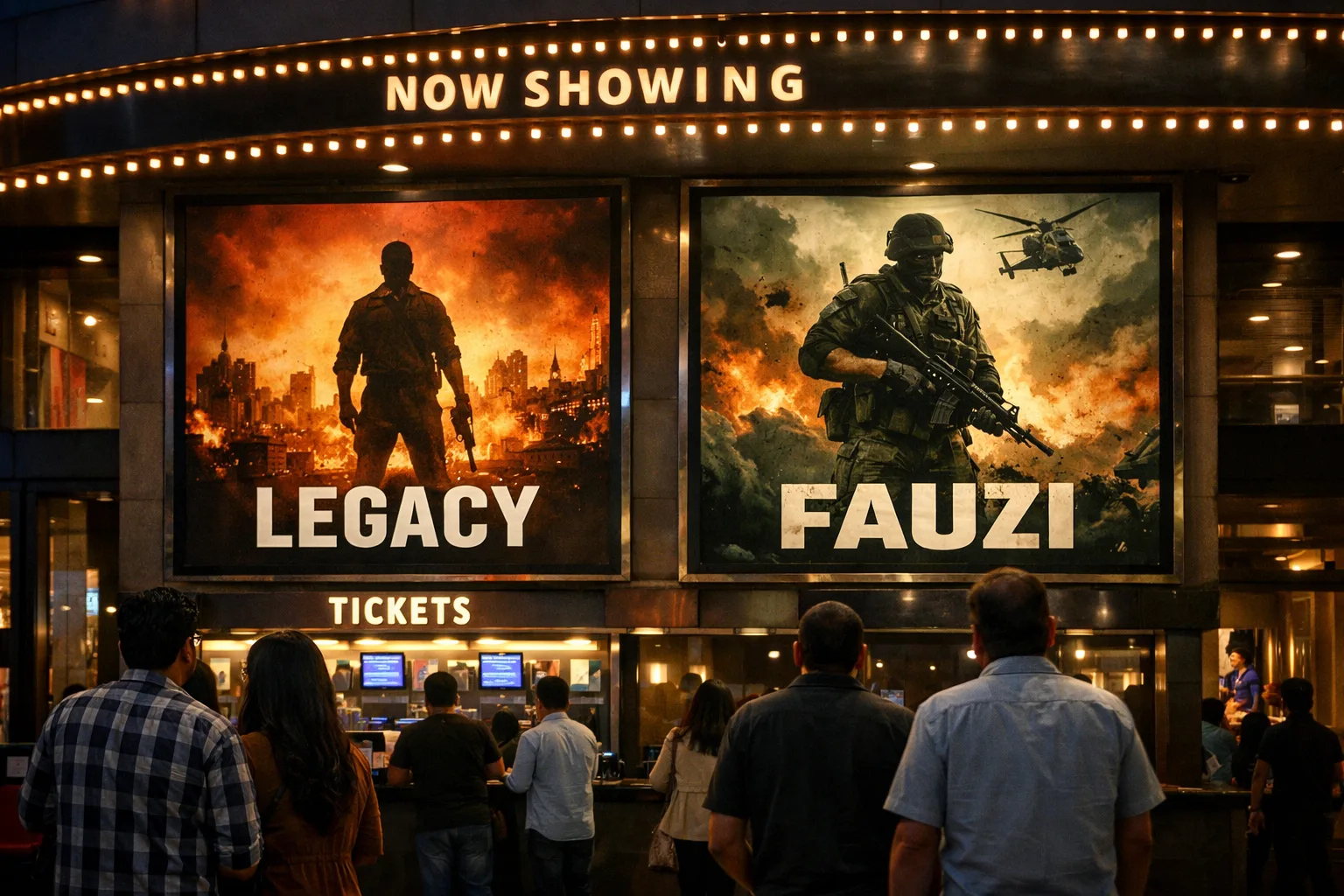 A Hyderabad multiplex entrance displays two illuminated fictional film poster panels labelled Legacy and Fauzi beside its ticket counters.