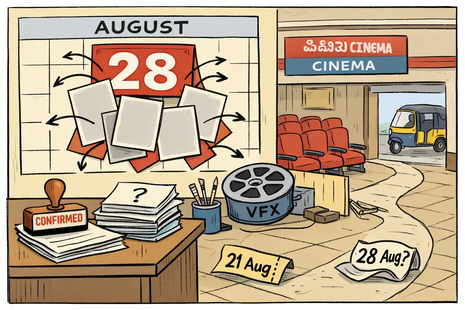 A Hyderabad cinema foyer cartoon shows an oversized August 28 calendar square crowded with four blank film tickets, conflicting calendars on a desk, and a small VFX construction set behind a barrier.