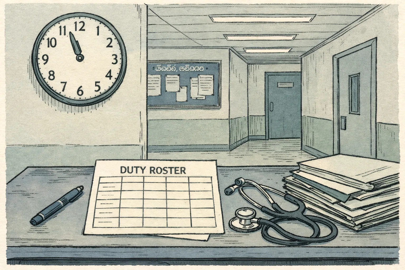 A Telangana teaching-hospital duty-room desk holds an overnight roster, a clock, and a stack of medical files; a wall board shows blank shift columns while a calendar and fluorescent corridor recede behind it.