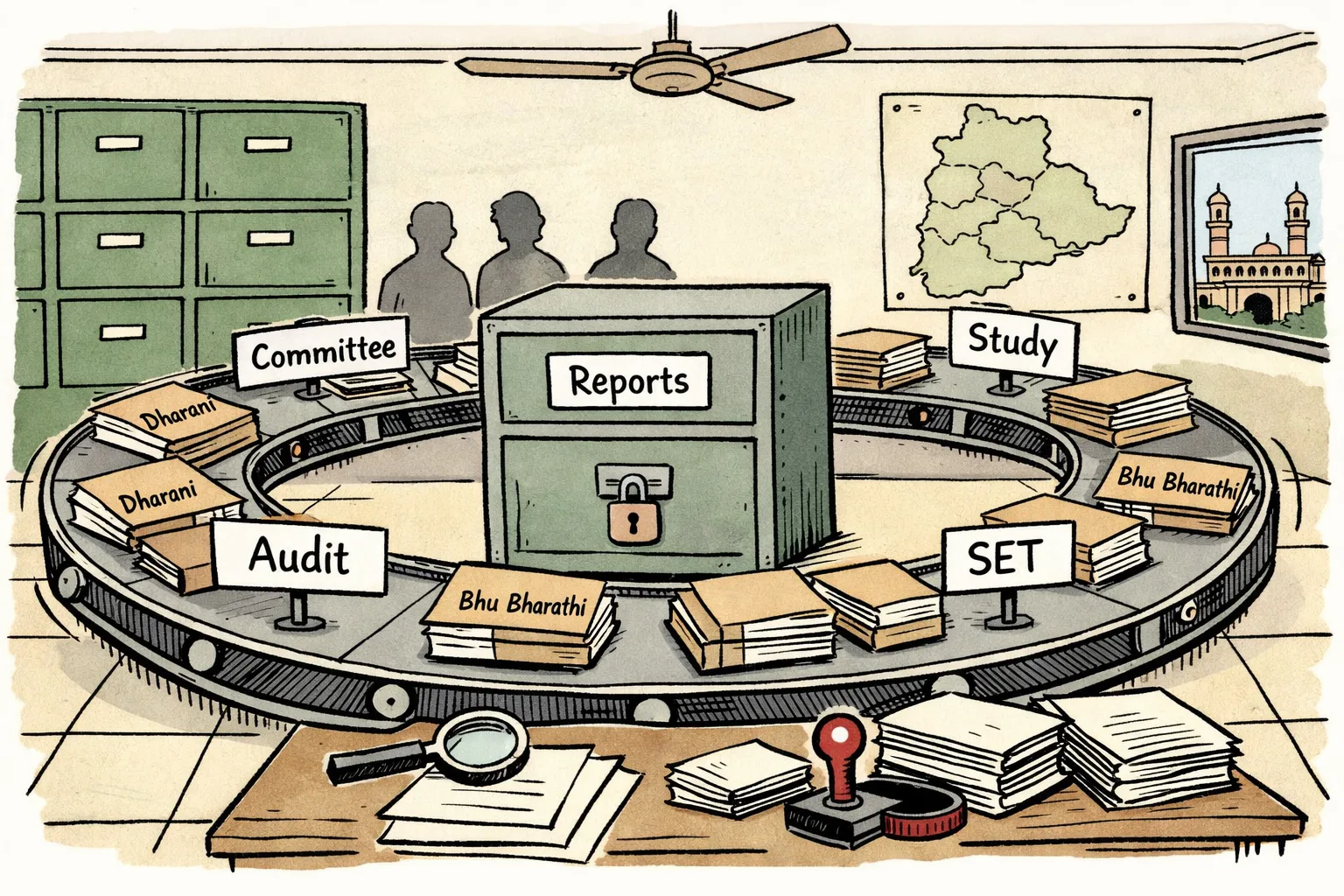 A Telangana government filing cabinet labelled with land-reform review papers is surrounded by committee files, audit folders and looping arrows, while a closed drawer marked ‘Reports’ remains locked.