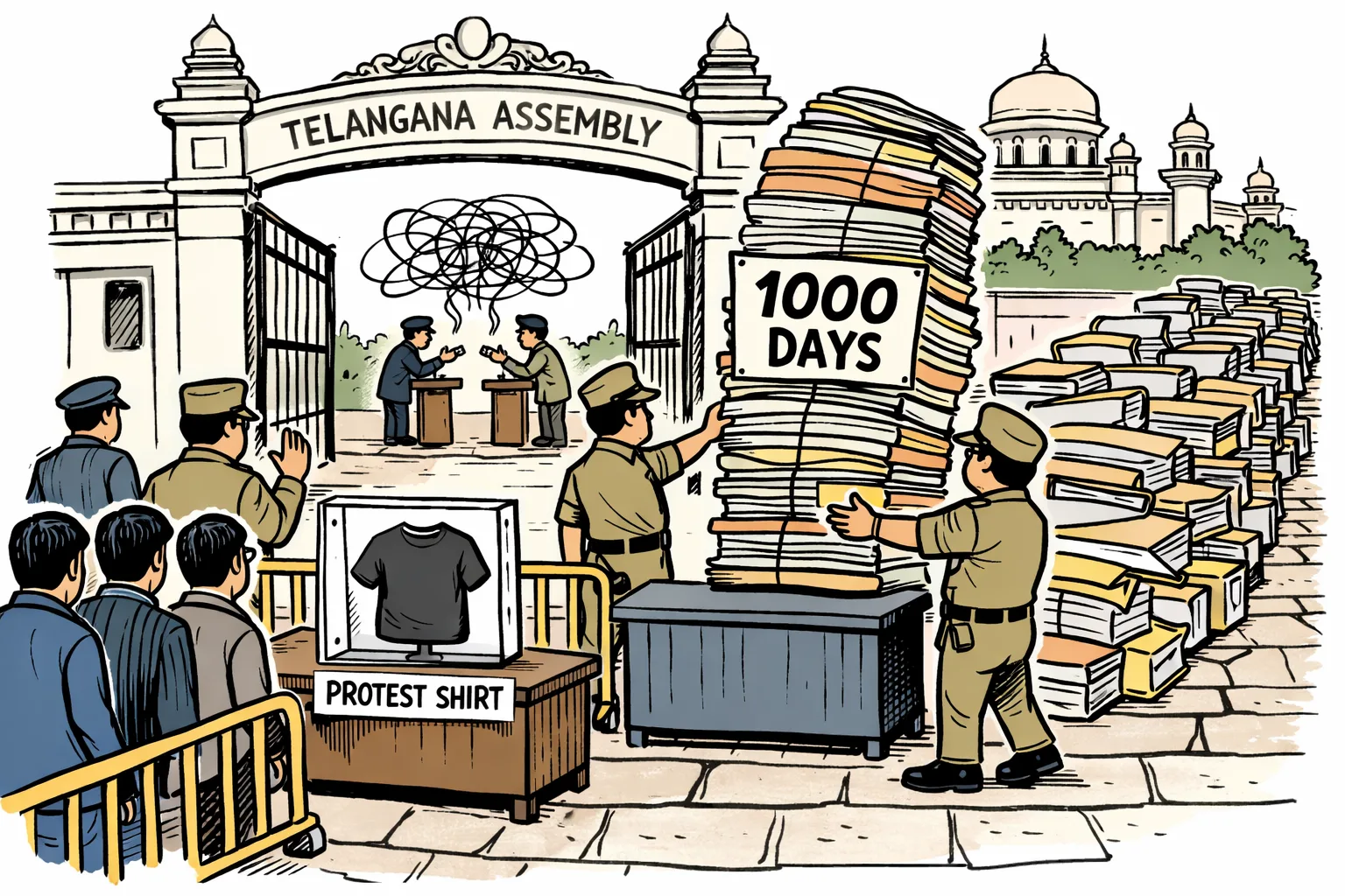 At the Telangana Assembly gate, officials stop a small black T-shirt while waving a huge stack of files labelled “1000 DAYS” through the entrance; a separate argument is visible inside the building.