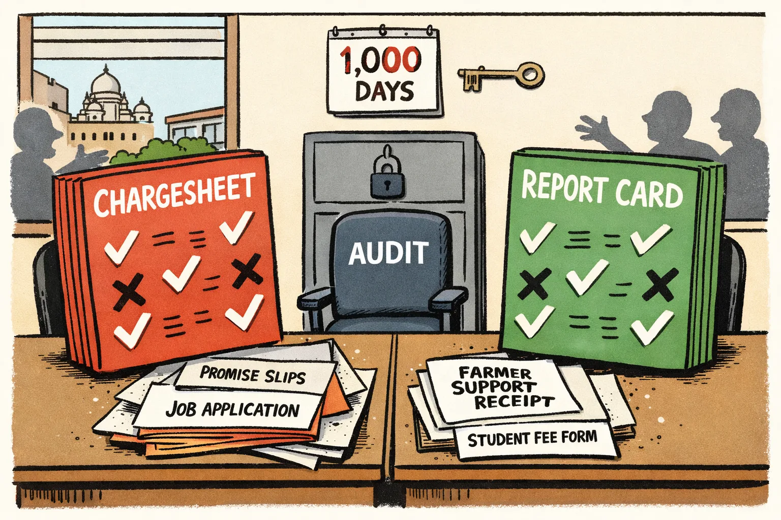 Two oversized files labelled “CHARGESHEET” and “REPORT CARD” face each other on a government office desk, with an empty chair labelled “AUDIT” between them and promise forms trapped underneath.