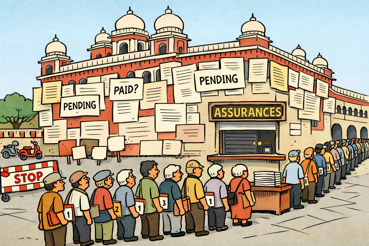 The Telangana Secretariat is covered with overdue-payment notices while a long queue of retired employees and contractors waits beside a locked Finance Department window and a tiny hidden ledger.