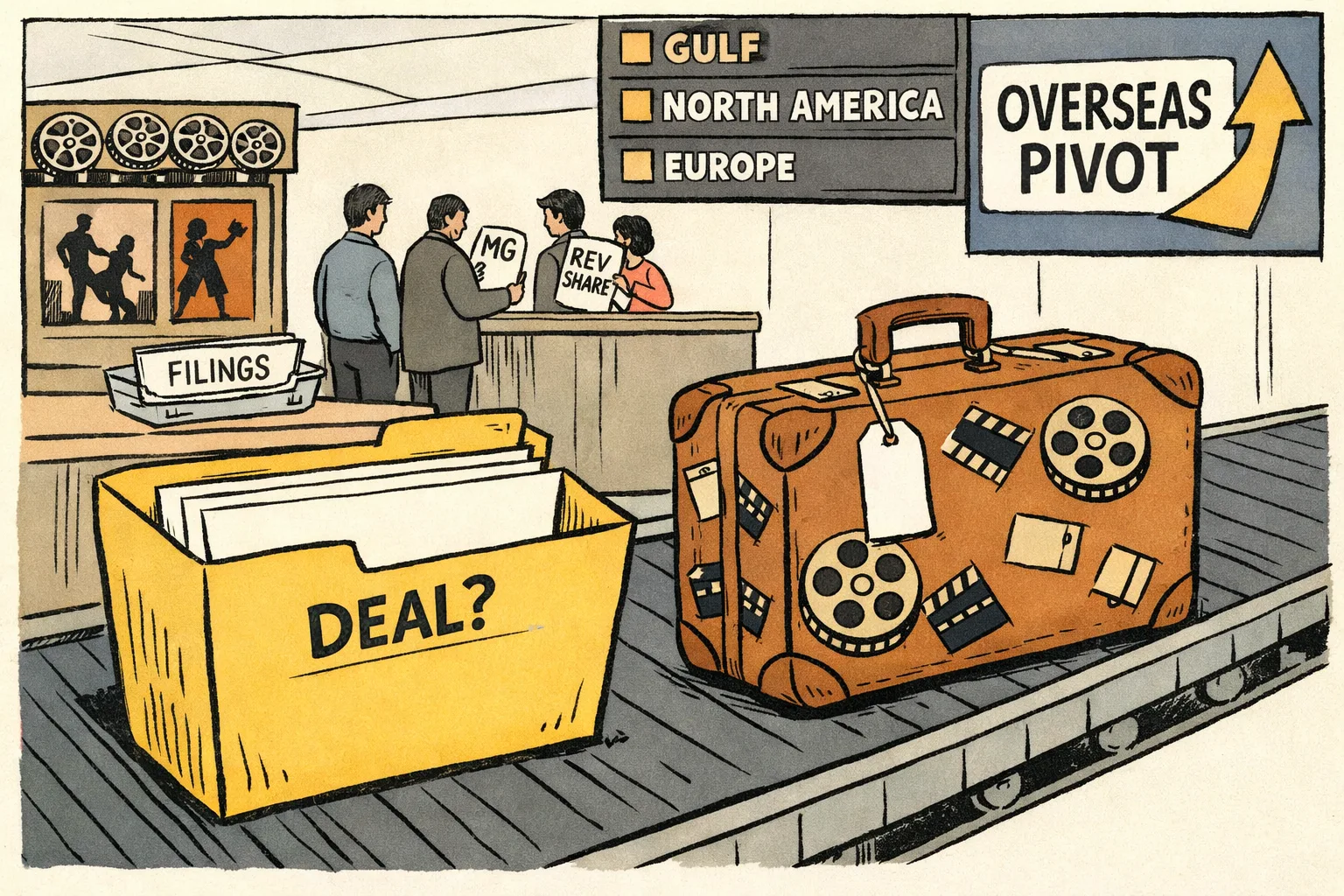 An empty folder marked 'DEAL?' and a blank-tagged cinema suitcase wait at an airport departure gate labelled 'OVERSEAS PIVOT', while anonymous figures exchange risk-management forms beside an empty filings tray.