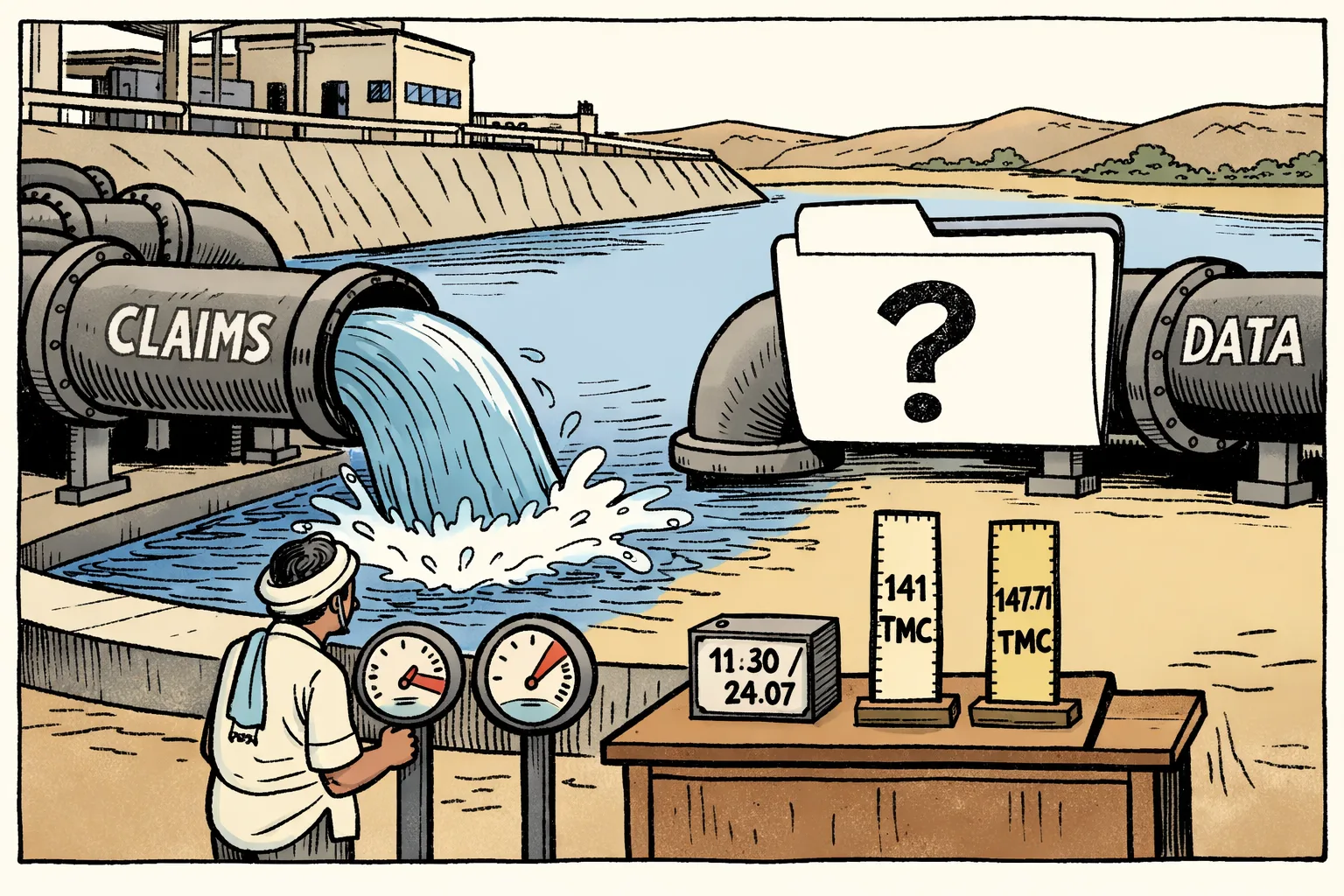A cartoon Kaleshwaram pumping station has a pipe labelled claims pouring water into a reservoir while a dry pipe labelled data is blocked by a blank file marked with a question mark; mismatched TMC rulers sit on a nearby desk.