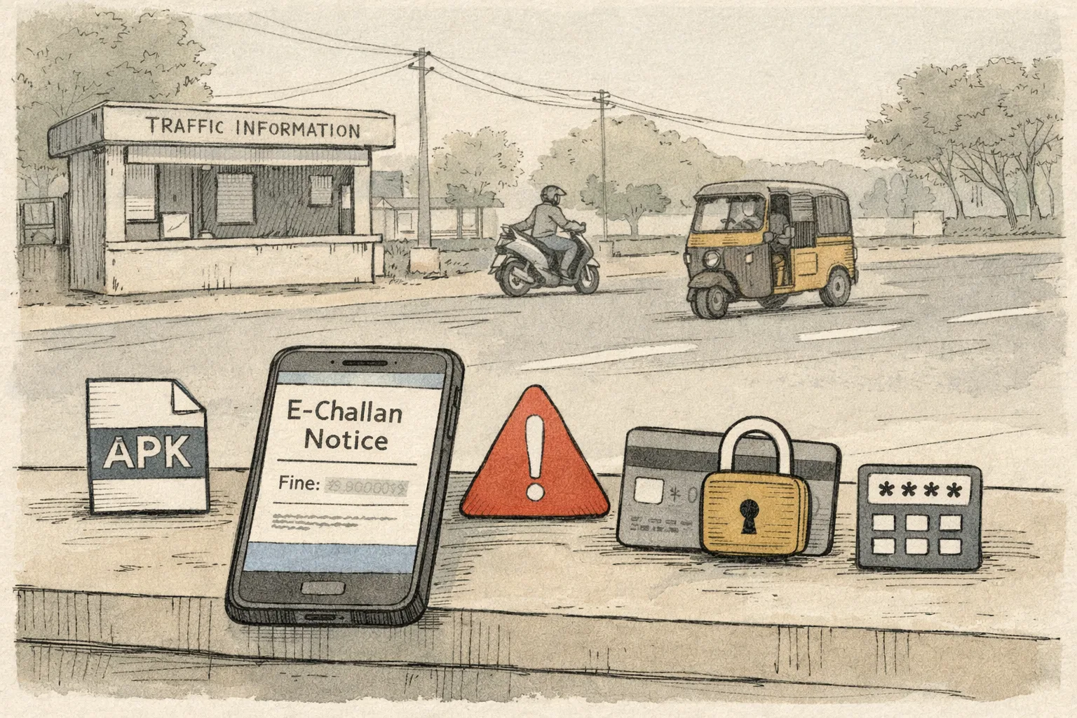 A smartphone showing a generic traffic e-challan alert sits beside an APK file symbol, a warning triangle, a locked bank card and an OTP keypad on a Telangana roadside desk; a traffic kiosk and road appear behind it.