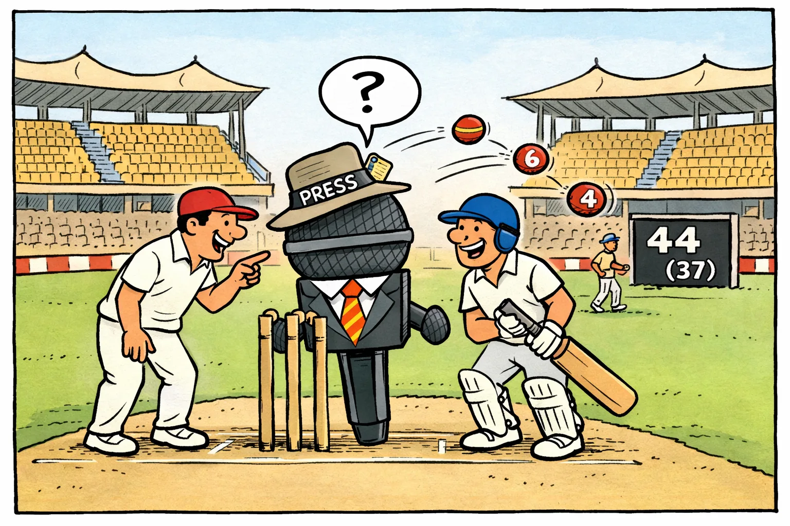 An oversized stump microphone stands between cricket wickets as two anonymous players laugh nearby; a scoreboard reads 44 (37), and three balls marked 4, 6 and 4 arc toward the boundary in a Chennai stadium.