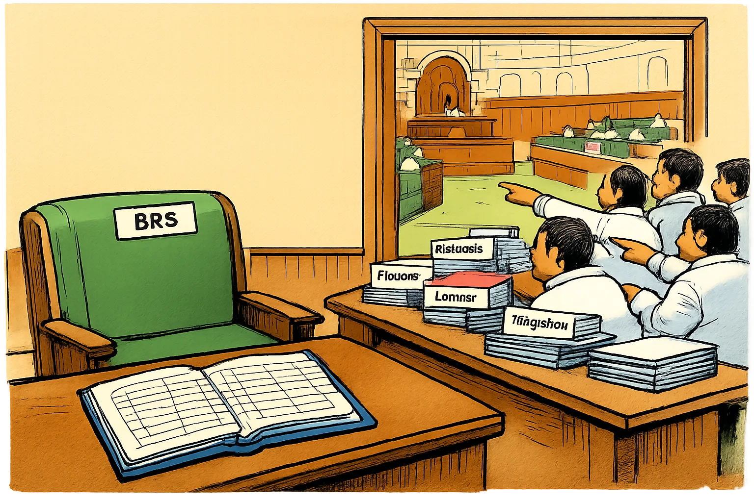 An empty opposition seat in the Telangana Assembly stands beside an open attendance register, while anonymous legislators in a nearby strategy room study files on farmers, power, loans and irrigation.
